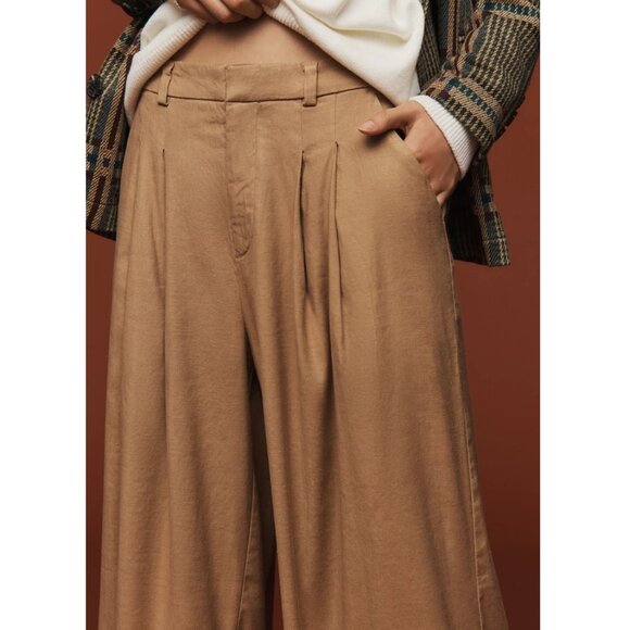 Anthropologie Maeve Avery Pleated Wide-Leg Trousers Linen Edition Khaki Large - Picture 4 of 11